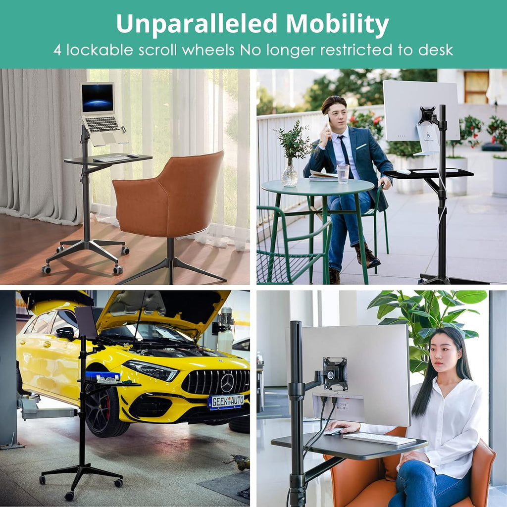 Viozon Mobile Desk,Mobile Workstation,Mulitiuse Rolling Laptop Floor Stand,34'-48.6' Height Adjustable,Compatible with 17'-27' Monitor&12'-17' Laptop,21'×14' Desk,Maxload 17.6lbs,4 Lockable Wheels B