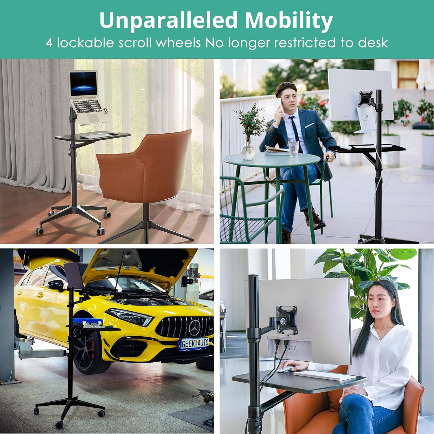 Viozon Mobile Desk,Mobile Workstation,Mulitiuse Rolling Laptop Floor Stand,34'-48.6' Height Adjustable,Compatible with 17'-27' Monitor&12'-17' Laptop,21'×14' Desk,Maxload 17.6lbs,4 Lockable Wheels B