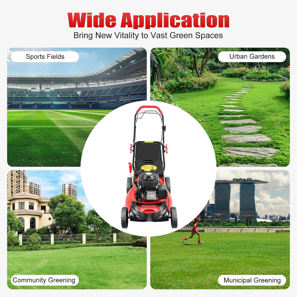 Gas Powered Lawn Mower, 20 Inch 140CC Walk-Behind Push Mower Height Adjustable Push Lawnmower for Outdoor Yards, Red/Black
