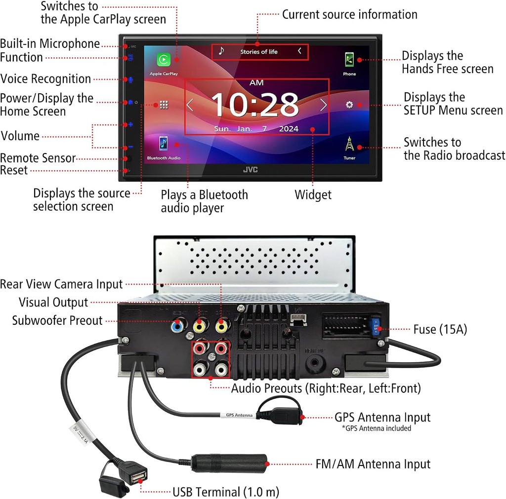 JVC KW-M590BT Single Din/Double Din Car Stereo (50W x 4-Ch), L-Shaped Chassis Fits Most Cars, Large 6.8' Hi-Res Touchscreen, AM/FM, Apple CarPlay, Android Auto, Rear Camera Input, USB 2.1 Fast Charge
