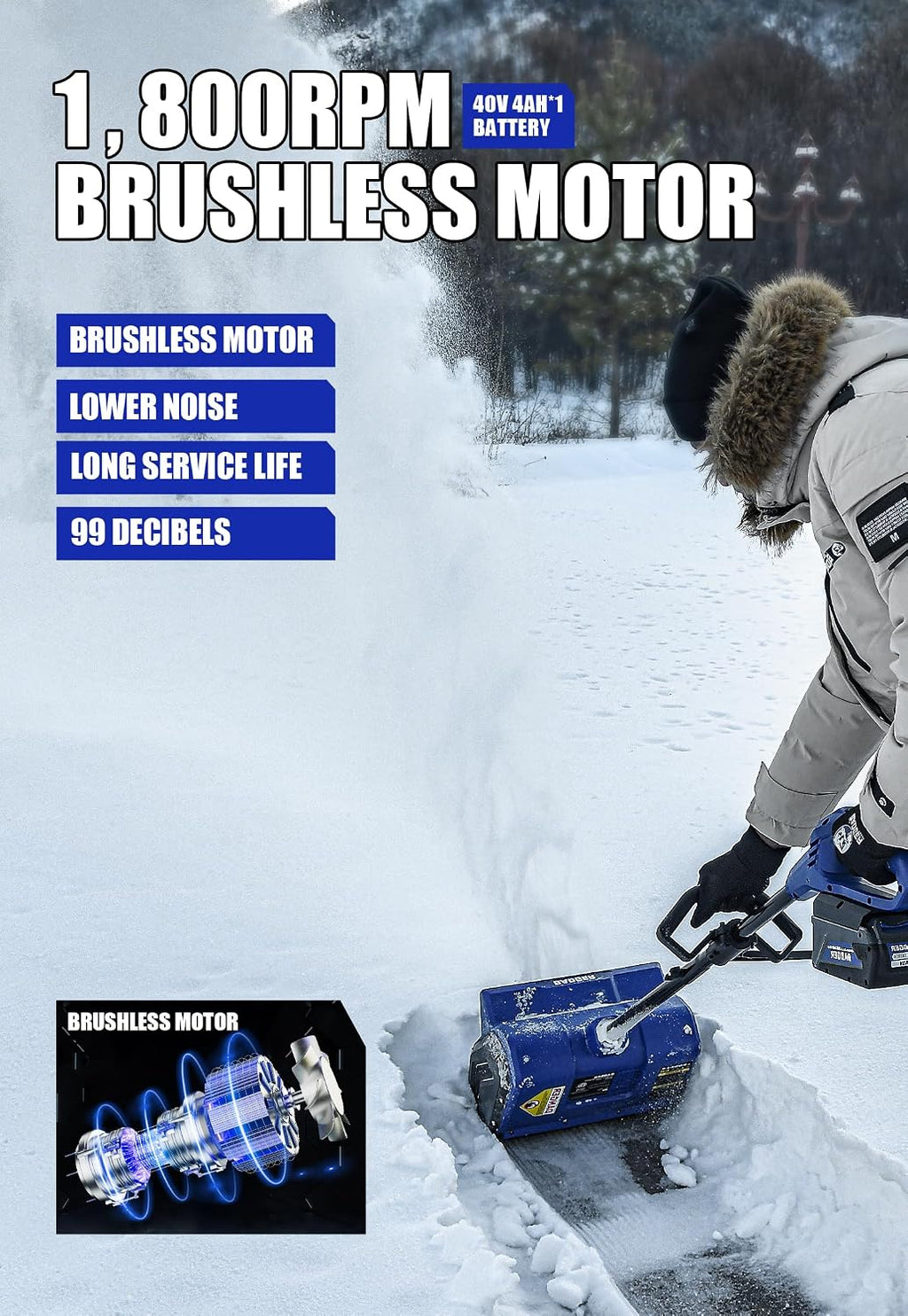 Wild Badger Power 40V Cordless Snow Shovel, 12' Brushless, 20 FT Throw, 8' Depth, 4.0Ah Battery & Fast Charger Included, for Steps, Porches, Walkways & Driveways