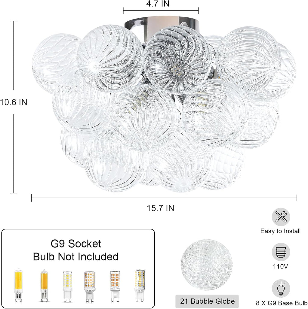 8-Light Flush Mount Ceiling Light, 16' Glass Bubble Ball Chandelier with 21 Clear Balls, Modern Globe Dining Room Light Fixture for Bedroom, Living Room, Hallway, Entry, Bathroom