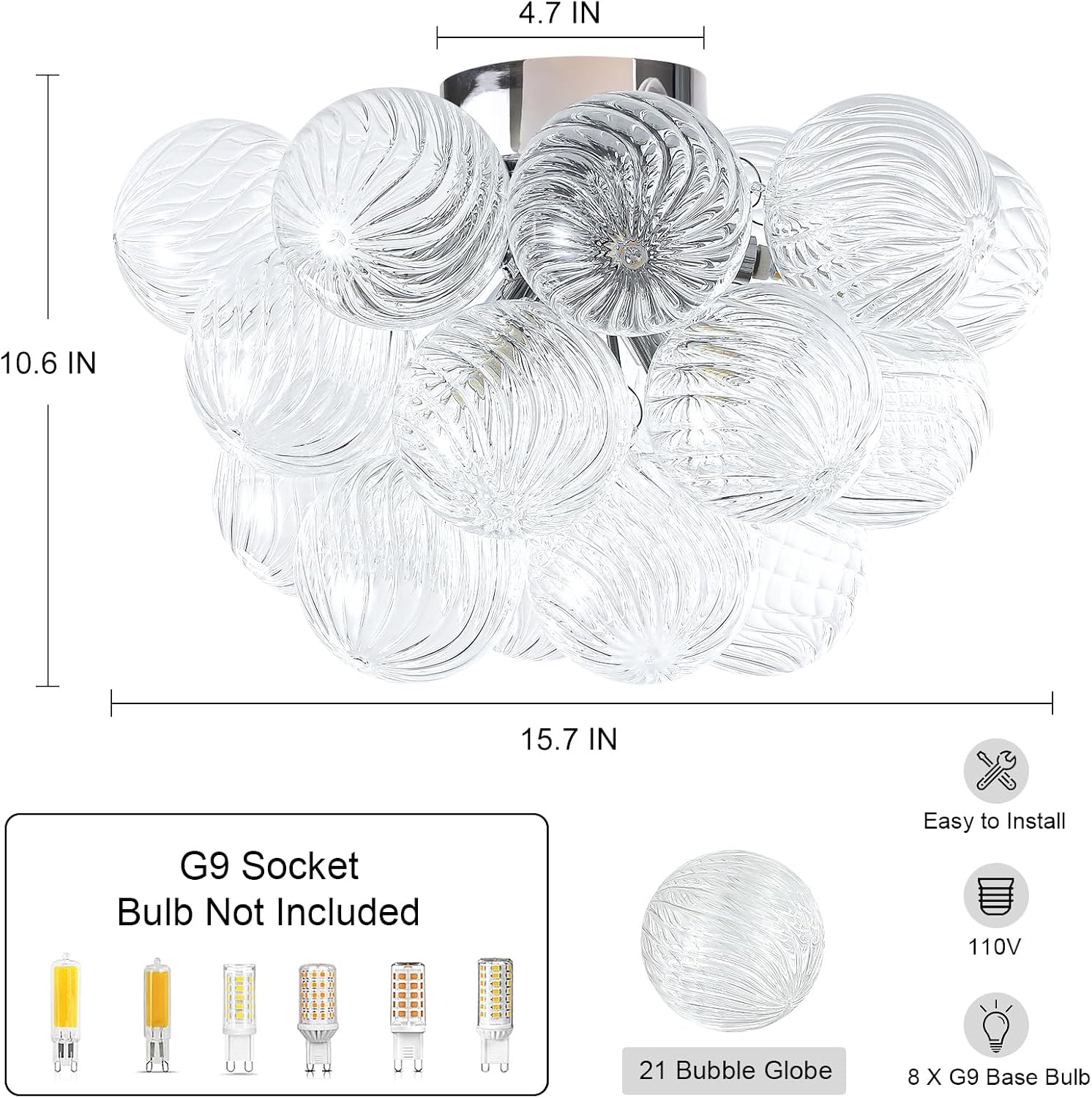 8-Light Flush Mount Ceiling Light, 16' Glass Bubble Ball Chandelier with 21 Clear Balls, Modern Globe Dining Room Light Fixture for Bedroom, Living Room, Hallway, Entry, Bathroom