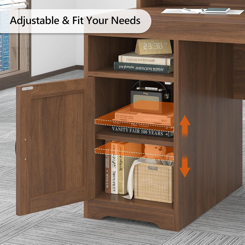 TVU Farmhouse Computer Desk with Drawers, 65'' Home Office Desk with Power Outlets, Storage Cabinet and Printer Stand, Study Writing Desks with Long Monitor Stand, Brown