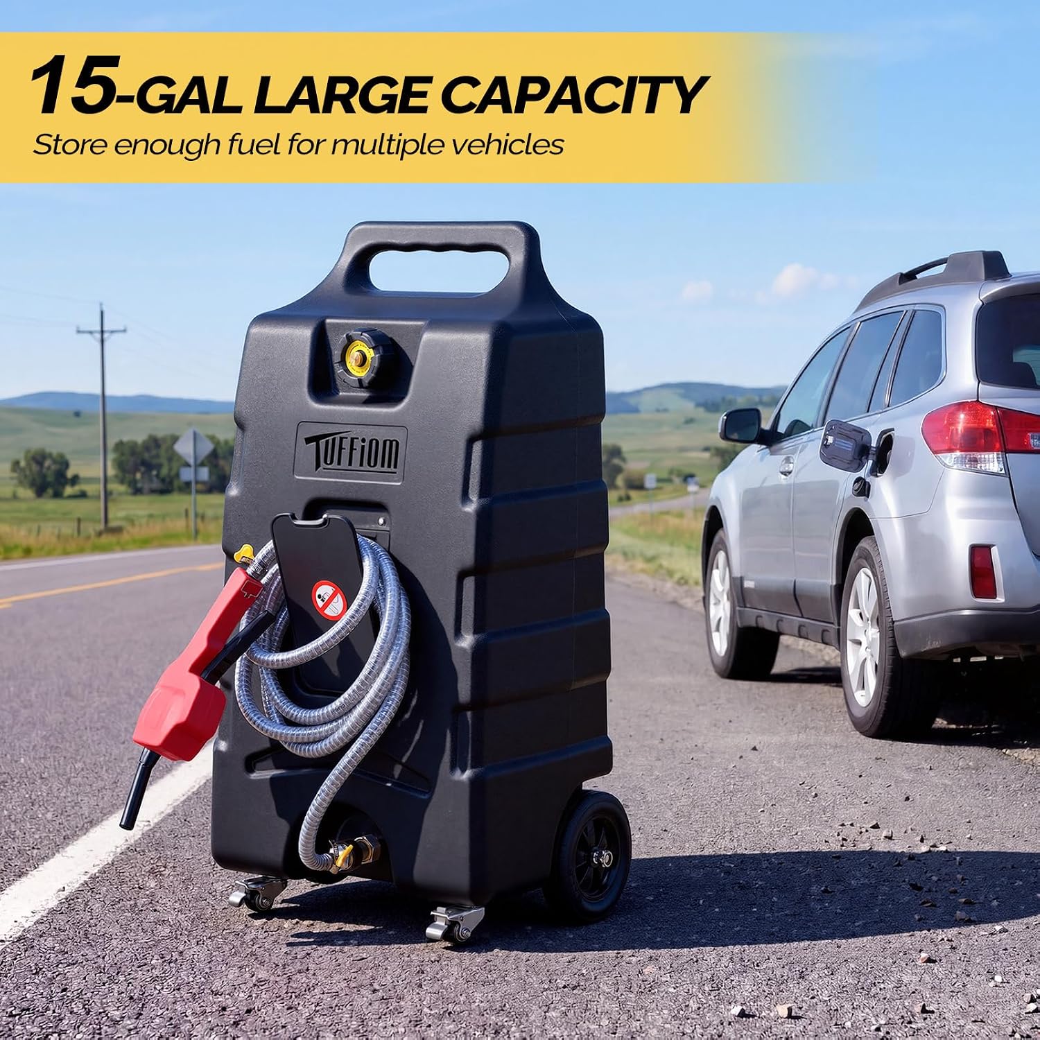 TUFFIOM 15 Gallon Fuel Gas Caddy w/Wheels & Manual Transfer Pump, Portable Diesel Fuel Transfer Storage Tank w/10ft Hose, Gasoline Can Container for ATV Car Mowers Tractor Boat Motorcycle