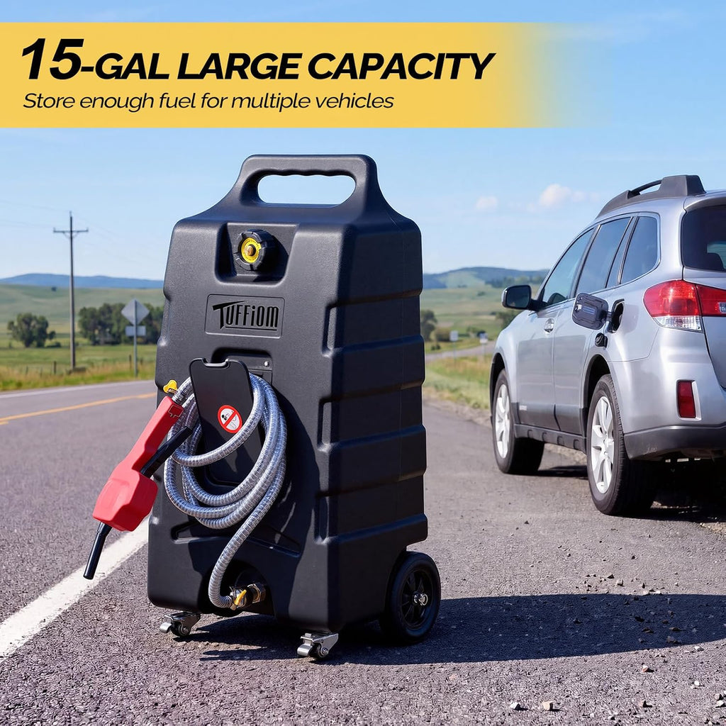 TUFFIOM 15 Gallon Portable Gas Caddy with Locking Swivel Casters, Fuel Storage Tank, Gasoline Diesel Can w/Manual Fuel Transfer Pump for Automobile ATV Mower Tractor Boat Motorcycle