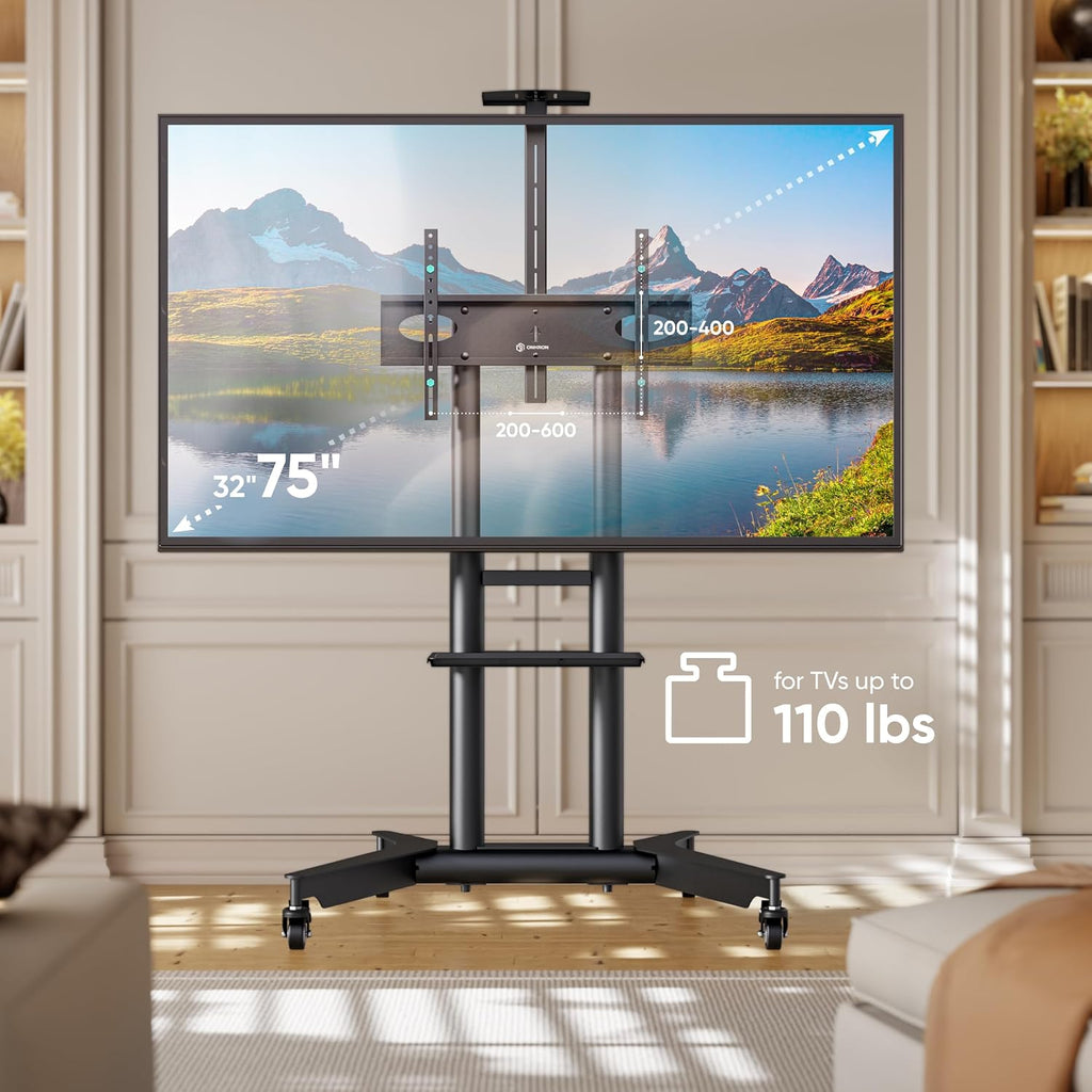 ONKRON Mobile TV Stand on Wheels for 32-75 Inch Screen, max Load 132 lbs, Height Adjustable TV Portable Stand, VESA 200x200-600x400, TV Cart Rolling TV Stand with Wheels and Shelf Black