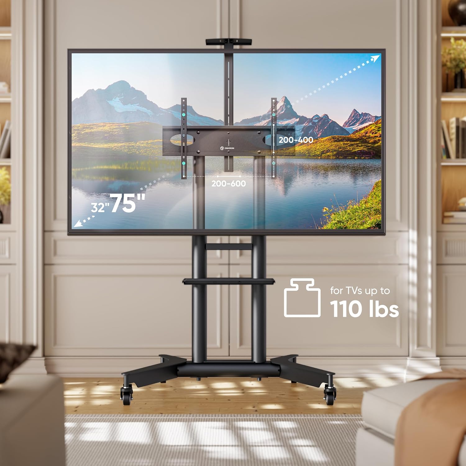 ONKRON Mobile TV Stand on Wheels for 32-75 Inch Screen, max Load 132 lbs, Height Adjustable TV Portable Stand, VESA 200x200-600x400, TV Cart Rolling TV Stand with Wheels and Shelf Black