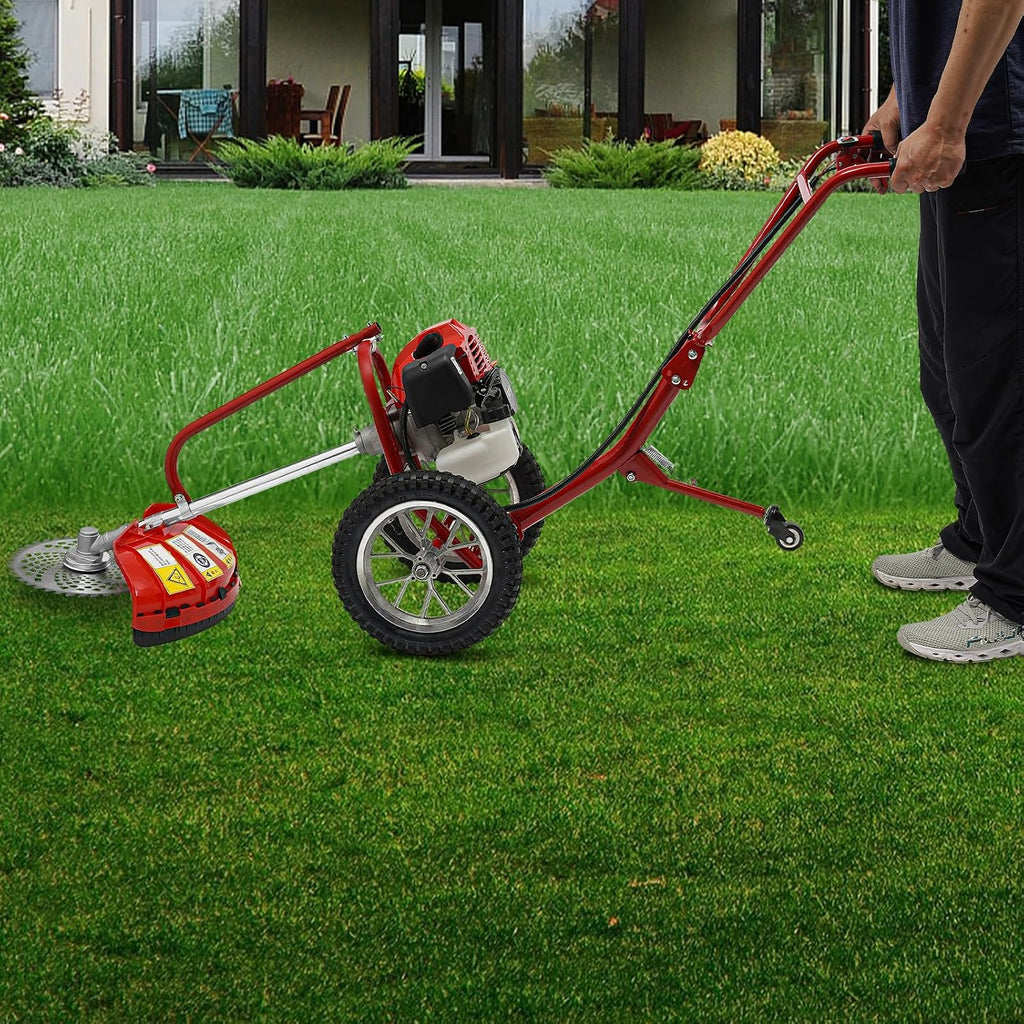 49cc 2-in-1 Lawn Mower - Brush Cutter Walk Behind Weed Wacker, 1.8kw 6500-7000rpm, 0.33gal Fuel Tank, Push Weed Eater with Wheels for Yards, Gardens, Small Farms (Red/Black)