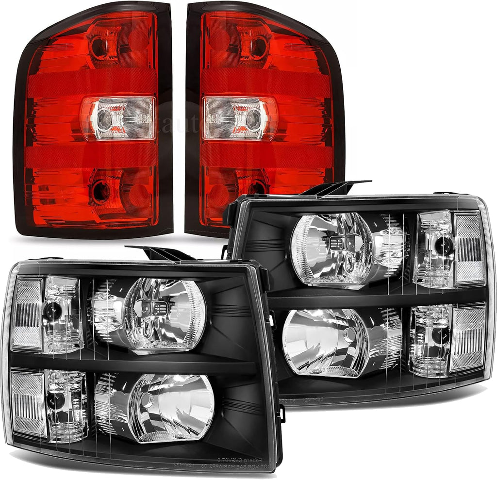 Headlights Tail Lights Combo Compatible with 2007-2013 Chevy Silverado 1500,2007-2014 Chevrolet Silverado 2500HD 3500HD Replacement Head lights Rear Brake Lamp Assembly, Black Housing Clear Lens