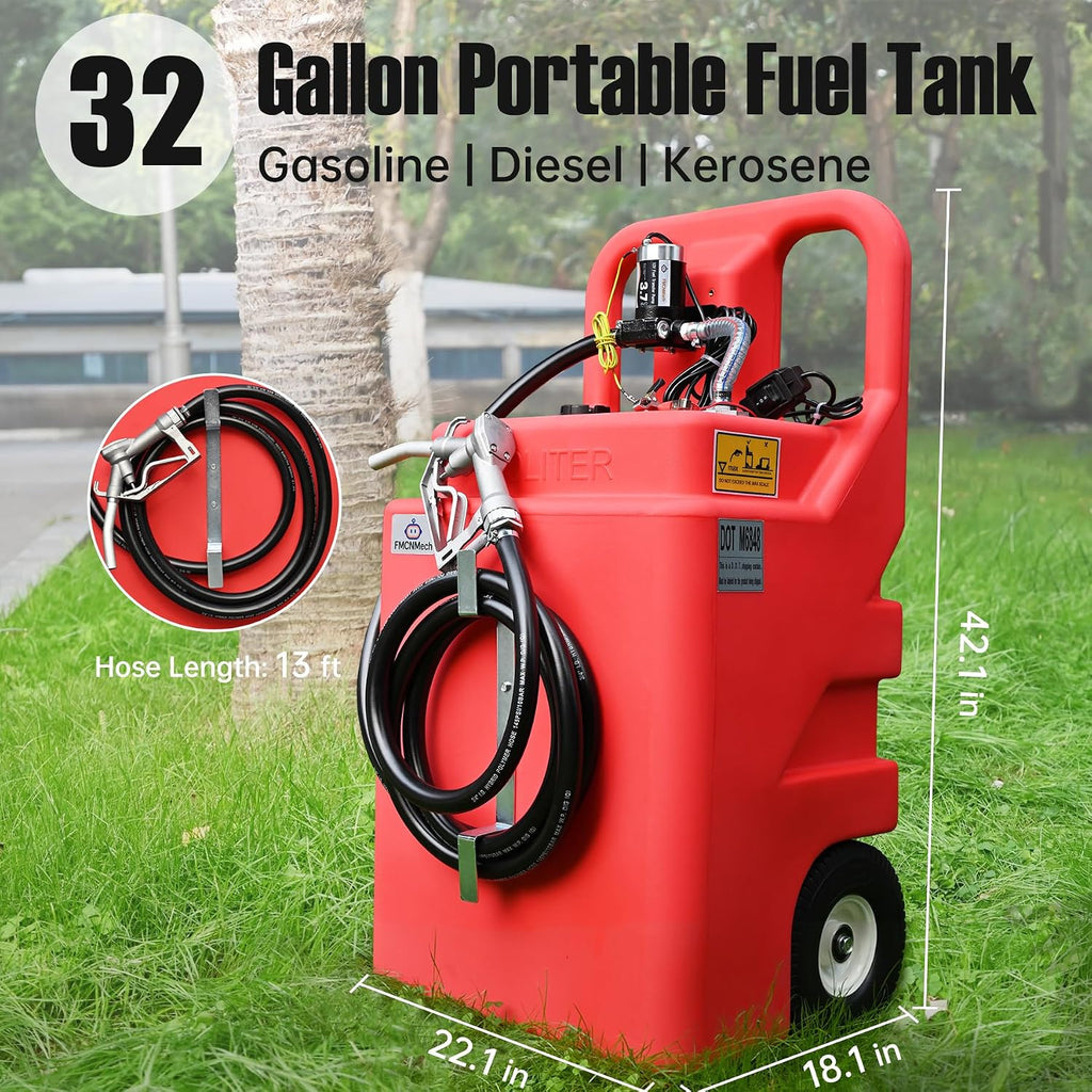 FMCNMech 32 Gallon Fuel Caddy with 12V Electric Pump, Forward & Reverse Flow, Portable Fuel Transfer Tank for Gasoline, Diesel & Kerosene, Ideal for Lawn Mowers, Tractors, Skid Steers, and Jobsite Equipment