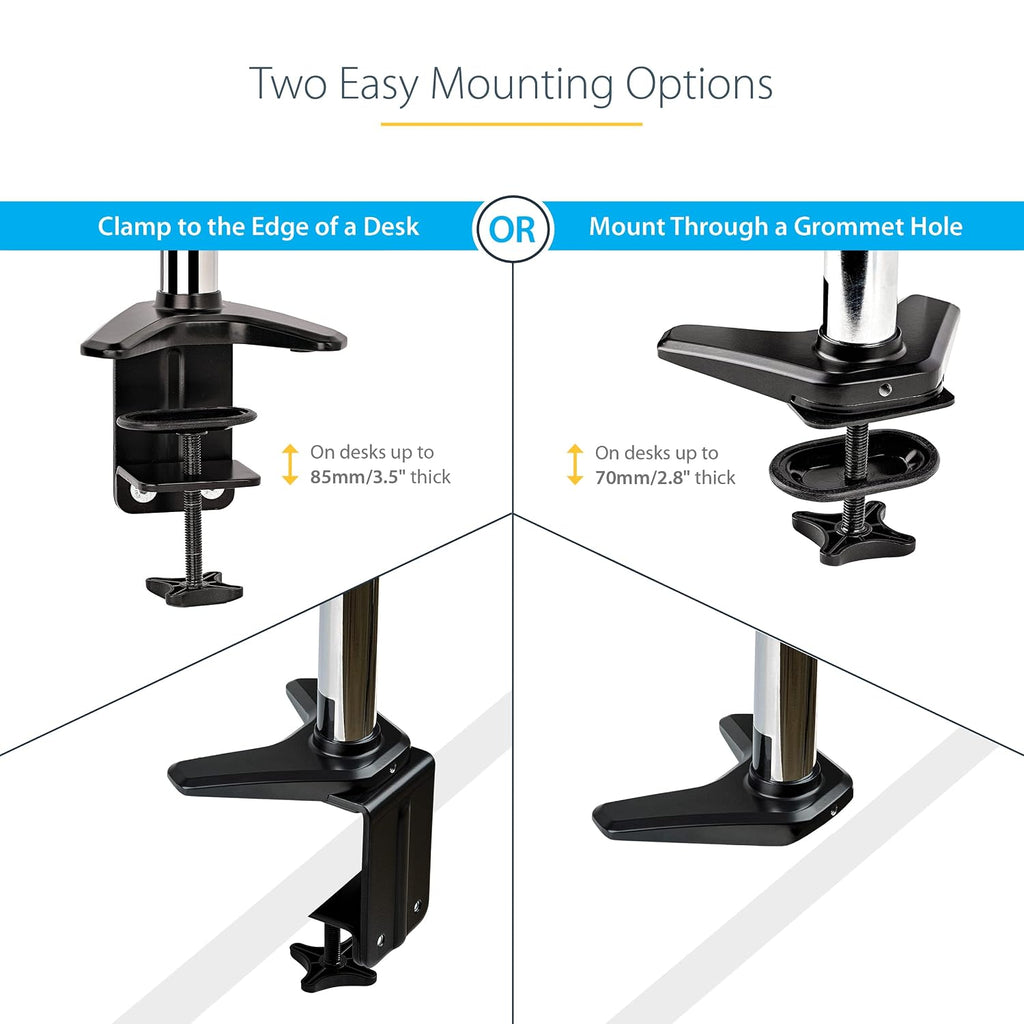 StarTech.com Desk Mount Monitor Arm for Single VESA Display up to 32' or 49' Ultrawide (17.6lb/8kg), Full Motion Articulating & Height Adjustable, Clamp or Grommet Base, Single Monitor Arm