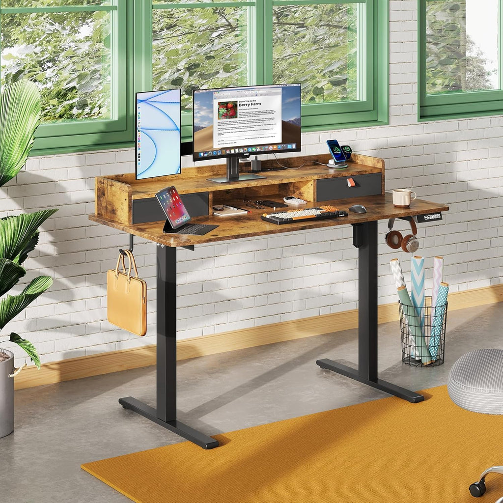 DEVAISE 48×24 Inches Electric Standing Desk with Drawers, Computer Desk with Adjustable Height, Storage Shelf, Built-in Power Outlets, Sit to Stand Desk for Home Office, Rustic Brown
