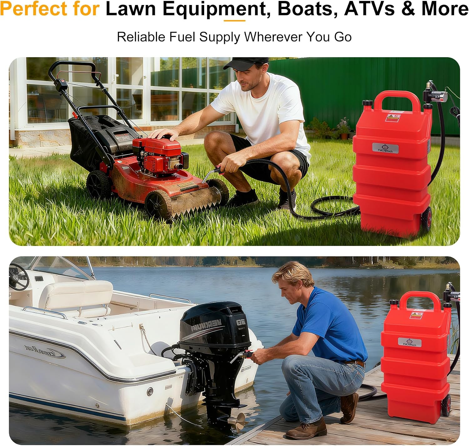 FMCNMech 16 Gallon Portable Fuel Caddy with 12V Electric Pump, Forward & Reverse Fuel Transfer Tank for Gasoline, Diesel, and Kerosene, HDPE Fuel Tank with Wheels for Pickup Trucks, Lawn Mowers, Tractors, ATVs, and Garage Use