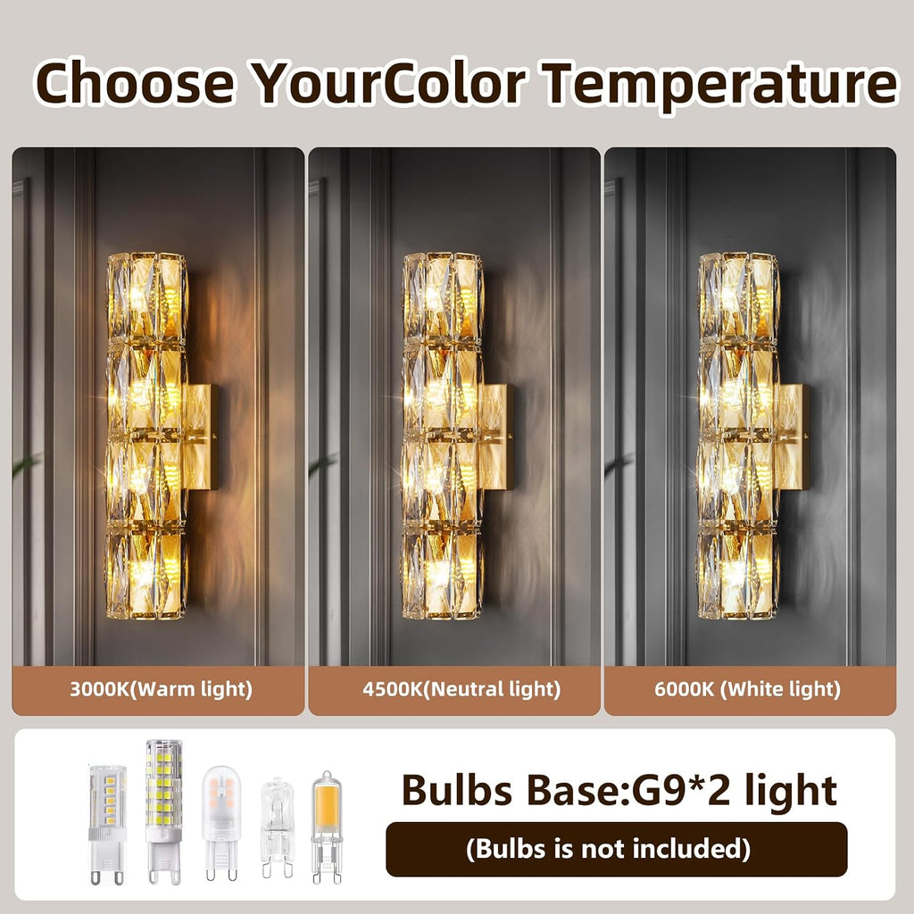Crystal Wall Sconces Lighting, Modern Gold Wall Light Fixture, Elegant Vanity Wall Lighting Mount for Living Room Bedroom Bathroom Crystal Vanity Light Fixture for Indoor Hallway Doorway Stairway