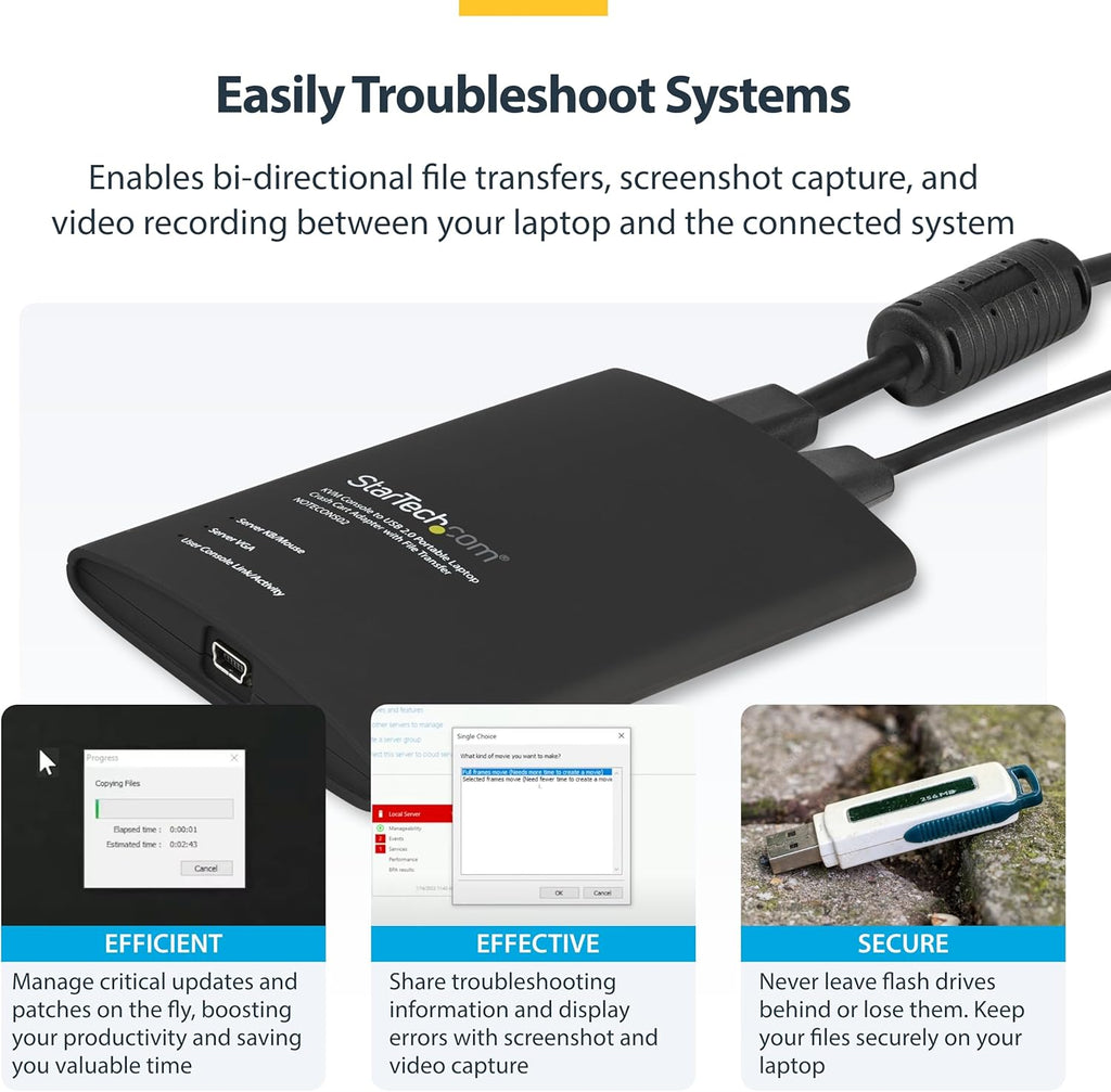 StarTech.com Portable Laptop Crash Cart Adapter, USB/VGA Analogue KVM Console, File Transfer & Video Capture, Windows/Linux/MacOS, TAA