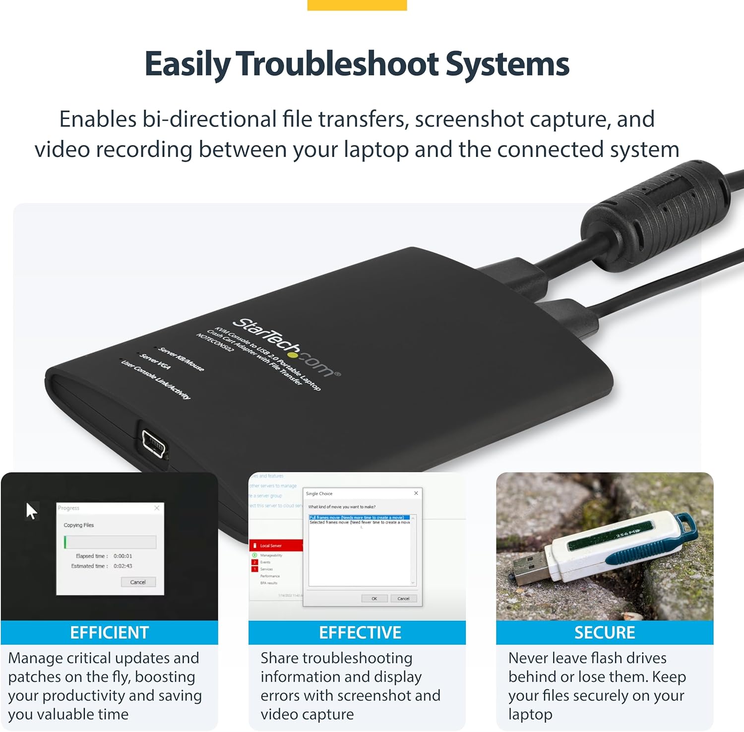 StarTech.com Portable Laptop Crash Cart Adapter, USB/VGA Analogue KVM Console, File Transfer & Video Capture, Windows/Linux/MacOS, TAA