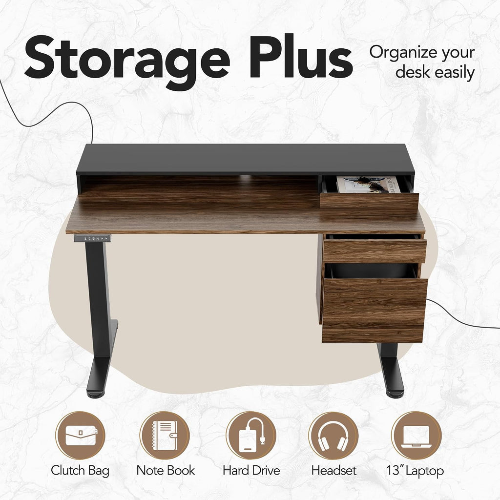 HUANUO Standing Desk with Drawers and File Cabinet, 47 Inch Electric Height Adjustable Desk with Storage, Ergonomic Stand Up Table Compatible with Monitor Stand, Black Walnut