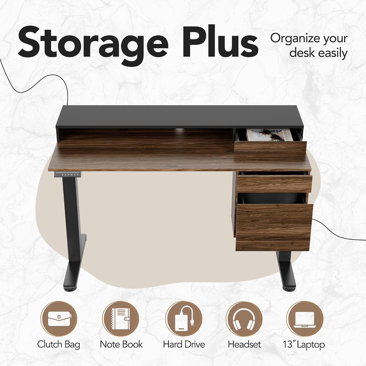 HUANUO Standing Desk with Drawers and File Cabinet, 47 Inch Electric Height Adjustable Desk with Storage, Ergonomic Stand Up Table Compatible with Monitor Stand, Black Walnut