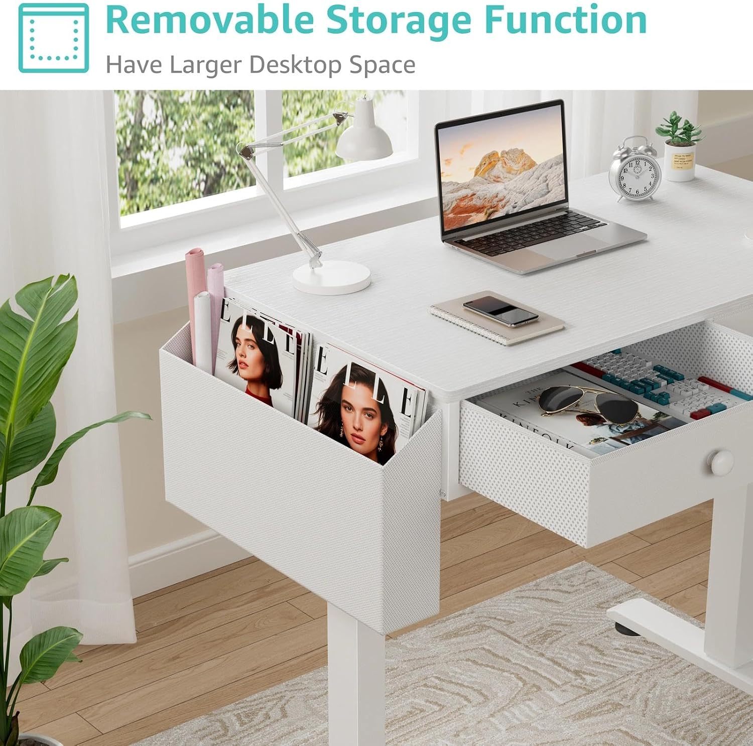 KLUVIS Electric Standing Desk with Drawers, 32 Inch White Small Height Adjustable Sit Stand Desk with Storage for Small Space Home Office Bedroom, Study Writing Stand up Computer Desks for Girls Work