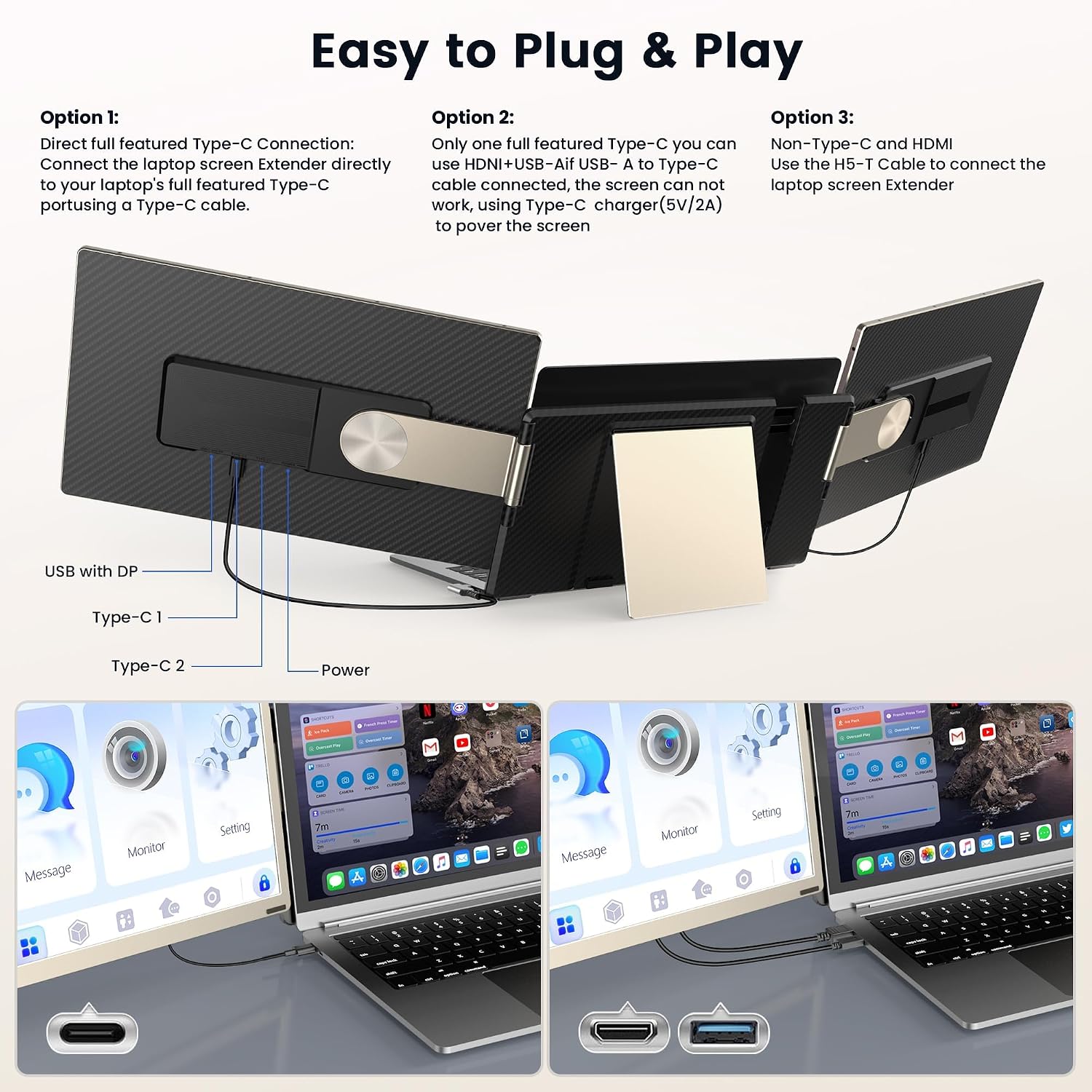 Laptop Screen Extender, 15.6' Detachable Triple Portable Monitor, 1080P FHD IPS Display, Sturdy & Durable, USB-C/HDMI Plug-Play Monitor Extender for Mac/Win/Android, Fits 13-17' Laptops