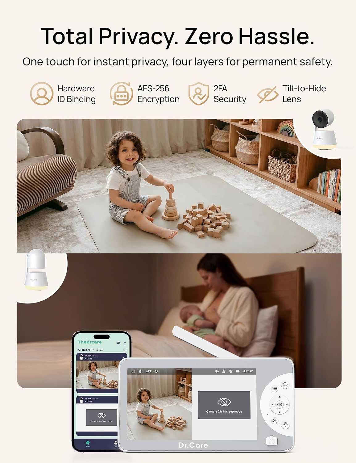 Dr.Care LumiView Max Smart WiFi Baby Monitor - 7' 1080P FHD & 2K Camera, Privacy Mode, Cry & Motion Detection, 6000mAh Removable Battery, Snapshot & Video Recording