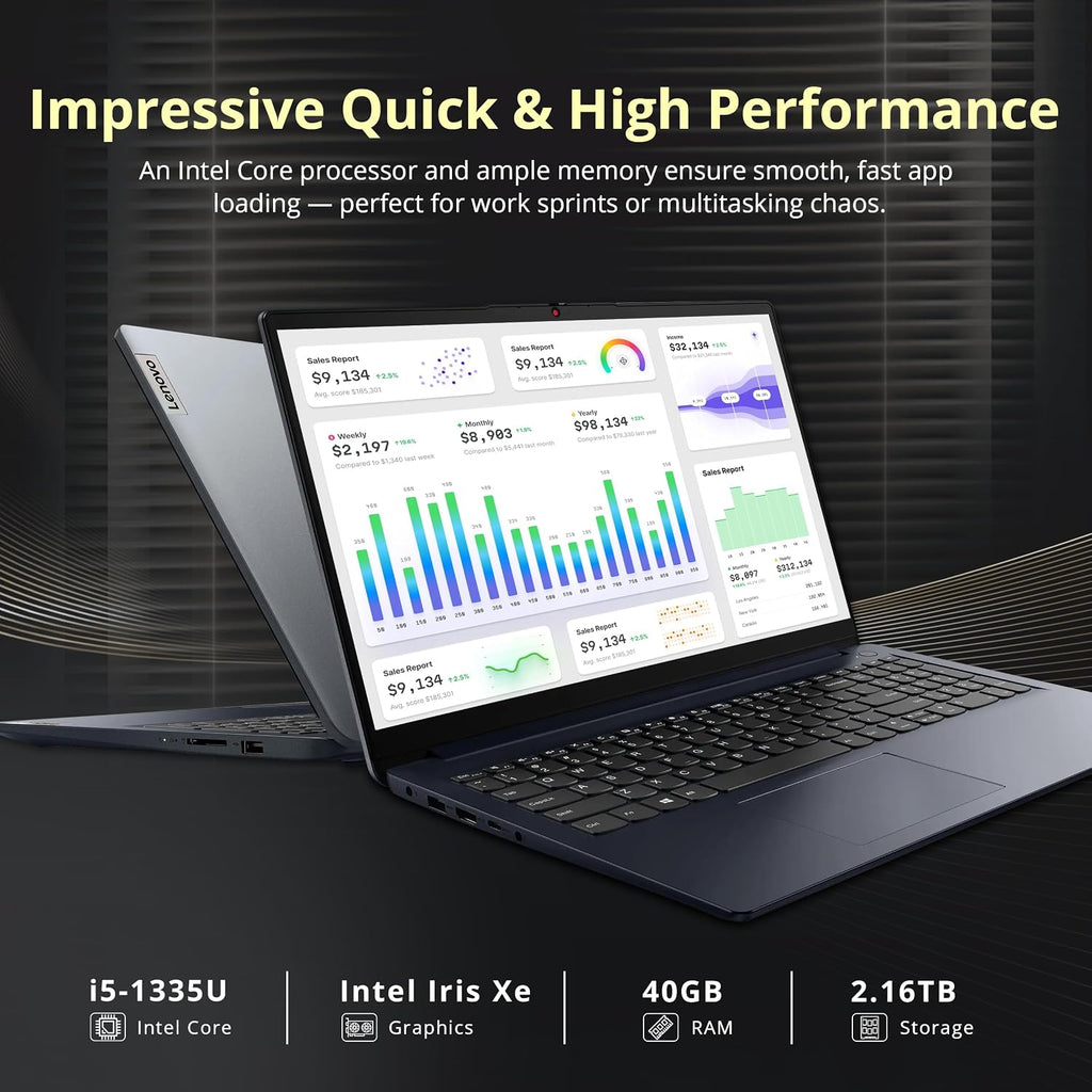 Lenovo IdeaPad 1i 15.6' FHD Touchscreen Laptop, Intel i5-1335U, 40GB RAM, 2.16TB Storage (2TB SSD+160GB Docking Station Set), Iris Xe Graphics, Number Pad, Webcam, Copilot, Wi-Fi 6, Win 11 Pro, Blue