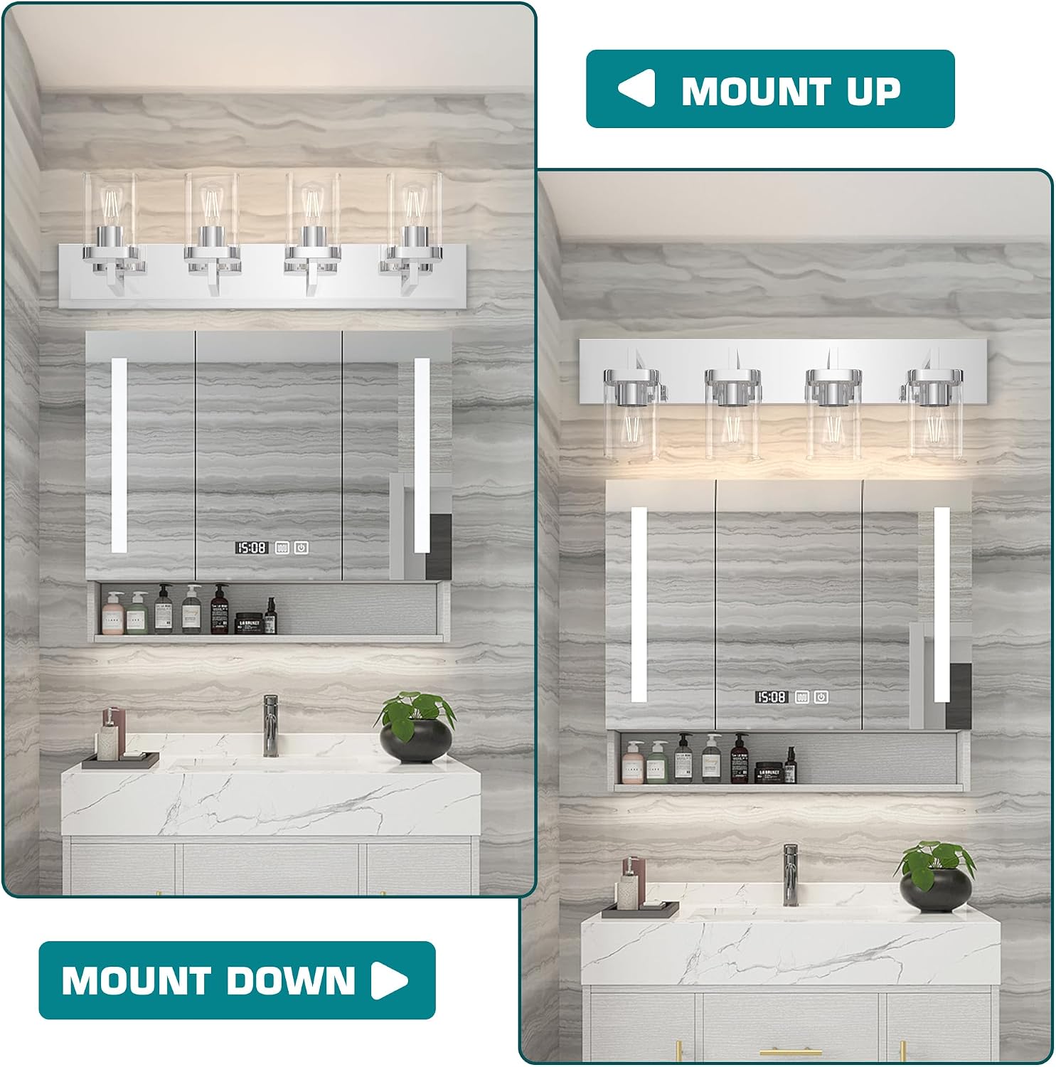 Chrome Bathroom Vanity Light, Square Design 4 Lights Morden Vanity Lighting Fixtures Over Mirror, Bathroom Vanity Light Fixtures for Living Room/Bedroom