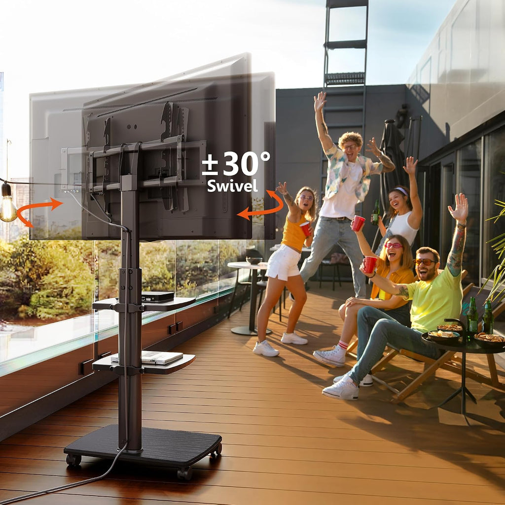 FITUEYES Rolling TV Stand with Power Outlets, Swivel Portable TV Stand for 32-70 Inch LCD LED OLED Flat/Curved Panel Screen TVs, Height Adjustable&Wood Base, Mobile TV Cart with 2 Shelves, Black