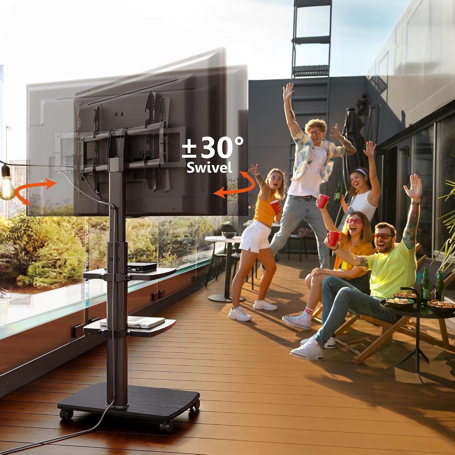 FITUEYES Rolling TV Stand with Power Outlets, Swivel Portable TV Stand for 32-70 Inch LCD LED OLED Flat/Curved Panel Screen TVs, Height Adjustable&Wood Base, Mobile TV Cart with 2 Shelves, Black