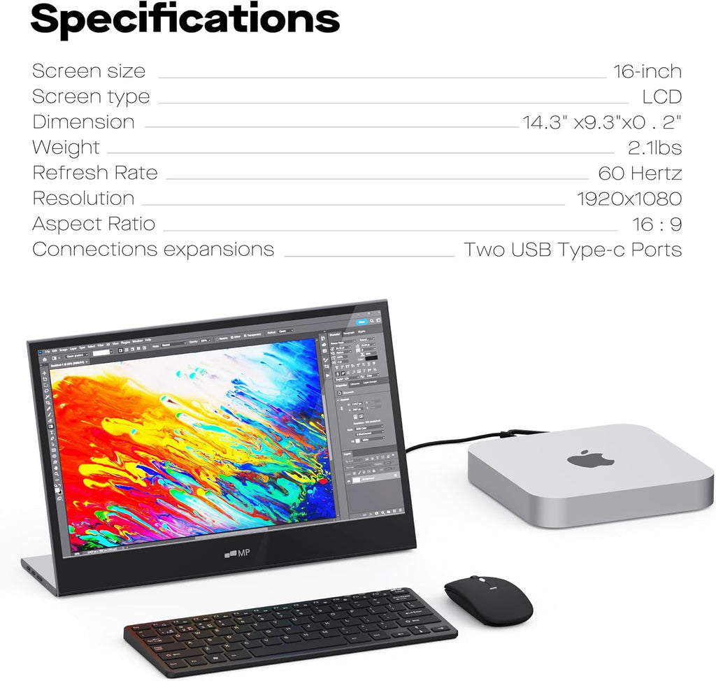 MP Mobile Pixels Glance Laptop Portable Monitor, 16 Inch 1080P FHD Display USB-C/HDMI Portable Monitors, Travel Monitor with Dual Speakers for macOS/Windows/DeX