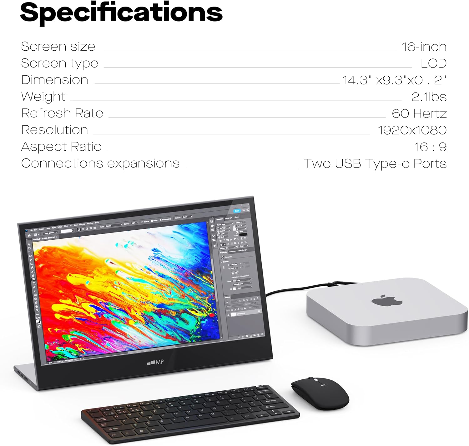 MP Mobile Pixels Glance Laptop Portable Monitor, 16 Inch 1080P FHD Display USB-C/HDMI Portable Monitors, Travel Monitor with Dual Speakers for macOS/Windows/DeX