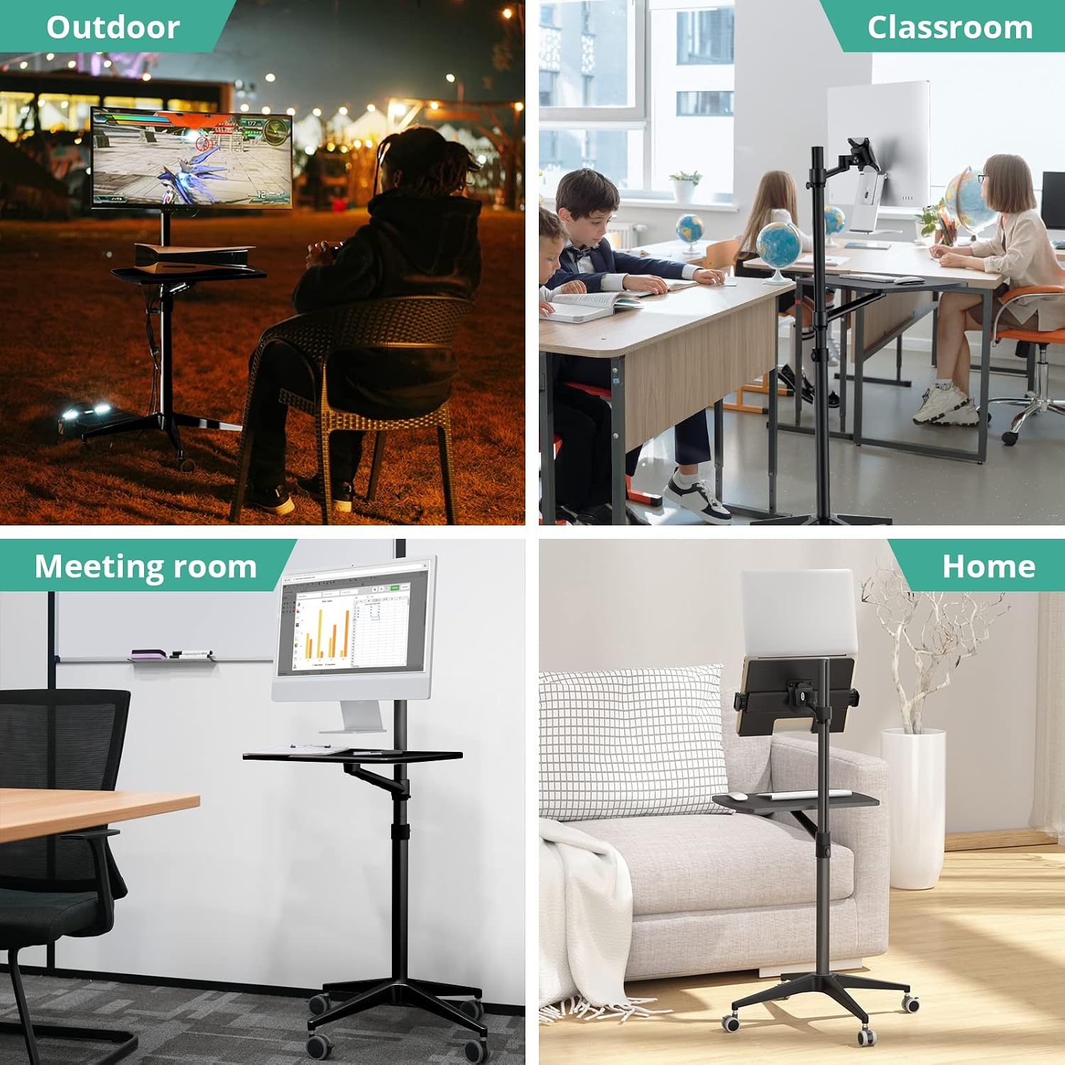 Viozon Mobile Desk,Mobile Workstation,Mulitiuse Rolling Laptop Floor Stand,34'-48.6' Height Adjustable,Compatible with 17'-27' Monitor&12'-17' Laptop,21'×14' Desk,Maxload 17.6lbs,4 Lockable Wheels B