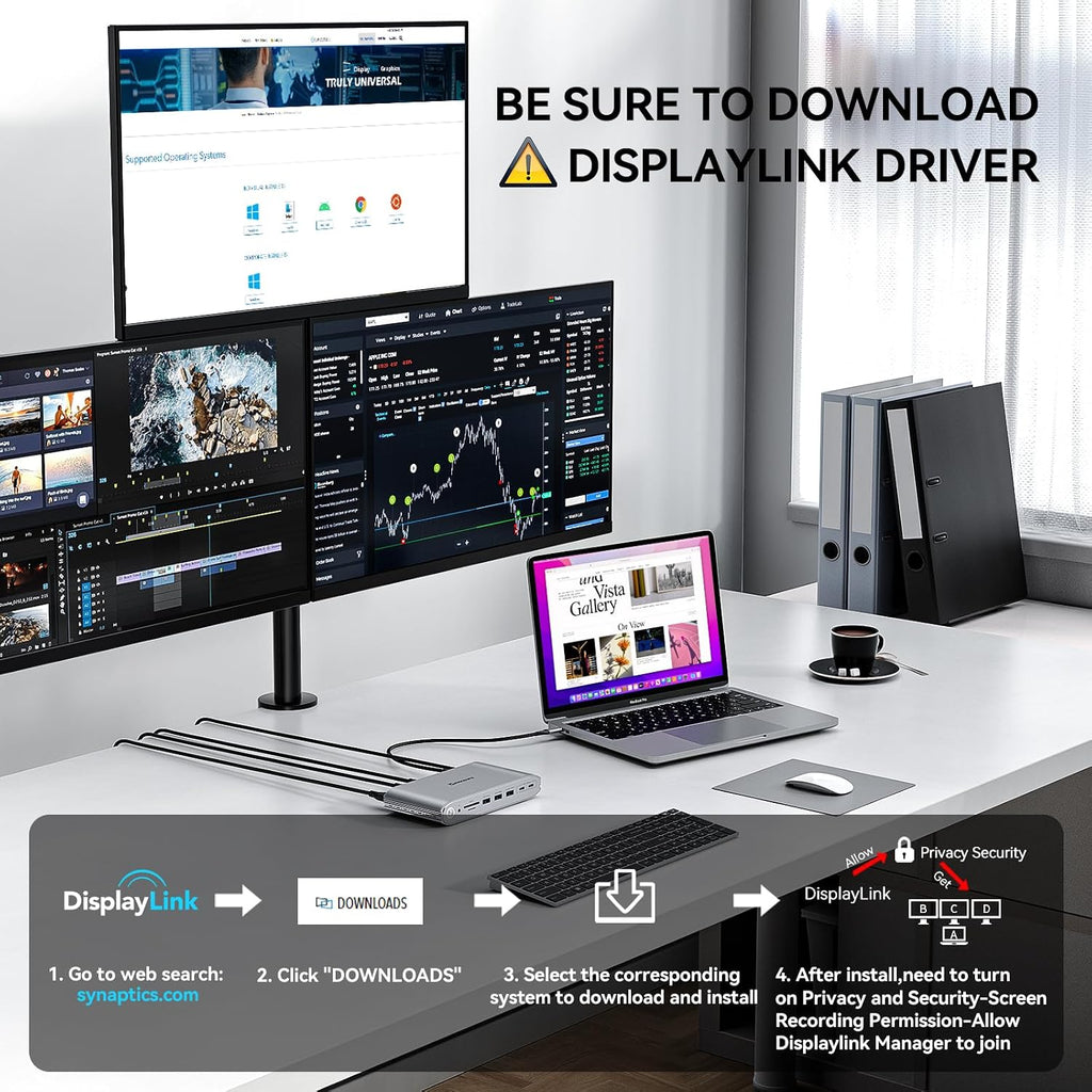 Minisopuru Upgrade DisplayLink Docking Station Triple Monitor with 140W Power Adapter,45W Charging,Docking Station for MacBook M4/M3/M2/M1/Windows/Thunderbolt 5/4 (3XHDMI,2X DisplayPort,5X USB,TF/SD)
