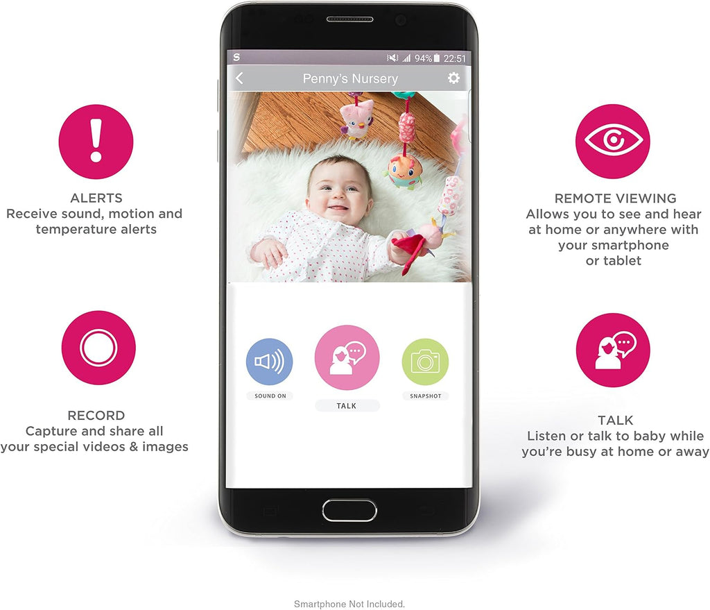 Project Nursery Smart Wi-Fi Baby Monitor, Alexa and Google Assistant Enabled with WiFi, Plays Lullabies, Sound and Motion Alerts, Two-Way Communication, Night Vision