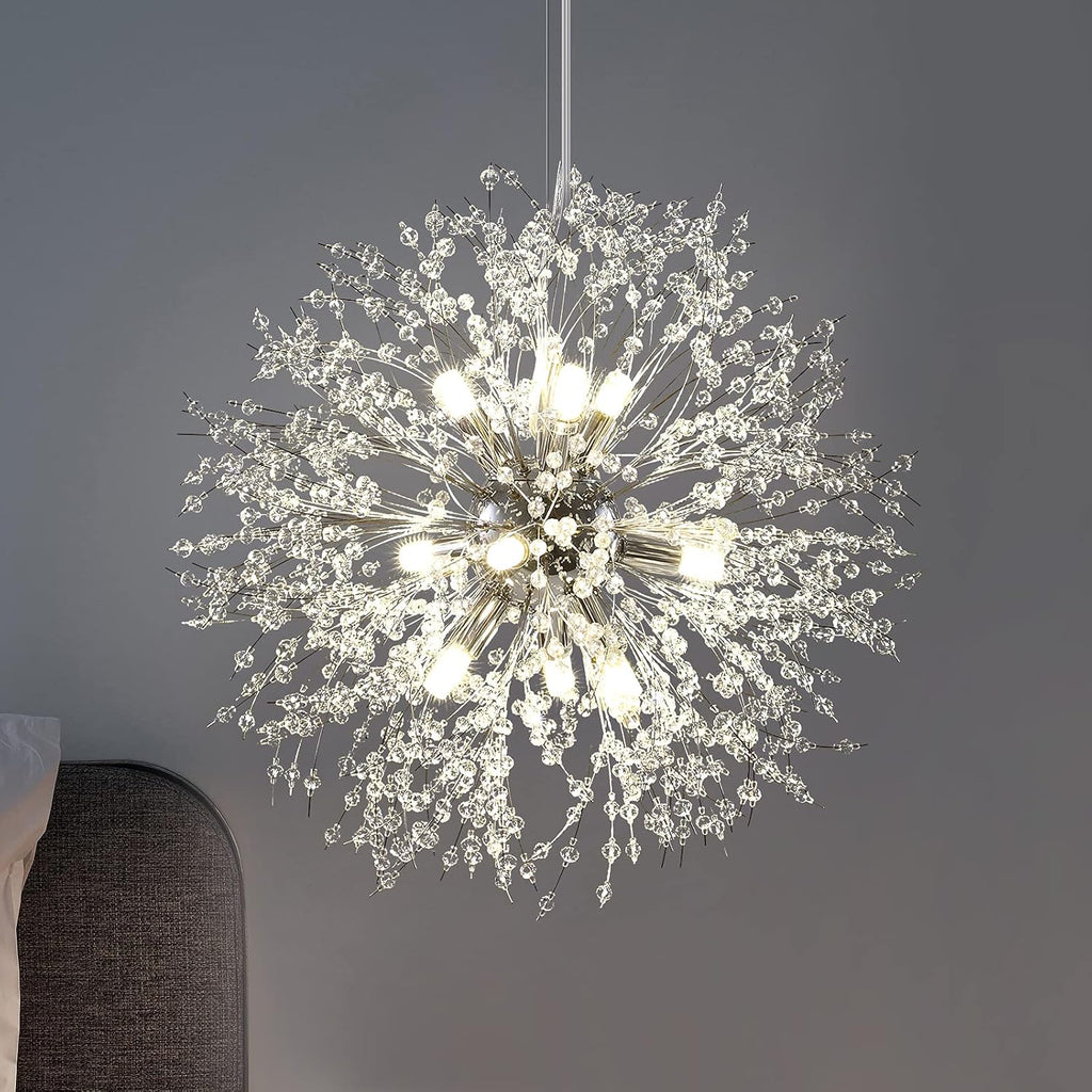 Lingkai 19.9' Chrome Modern Crystal Chandeliers Firework, Bubble Chandelier Lighting for Bathroom Dining Room Bedroom Kitchen Island Living Room Light Fixture, 9-Light Chrome Hanging Round Chandalier