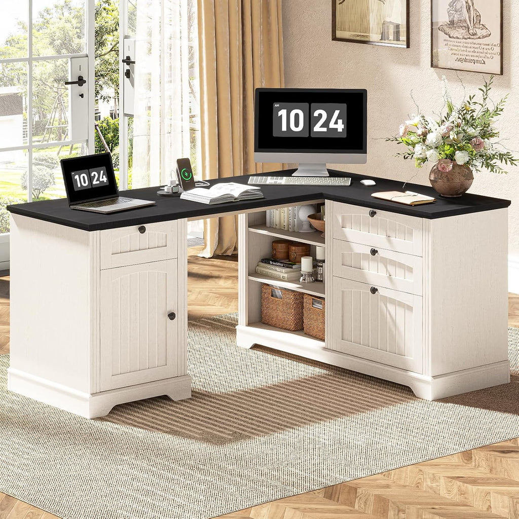 Vabches Farmhouse L Shaped Desk with Drawers, 56 Inch Executive Desk with File Cabinet, Wooden Corner Computer Desk with Power Strip for Home Office Work and Study, Rustic White and Black
