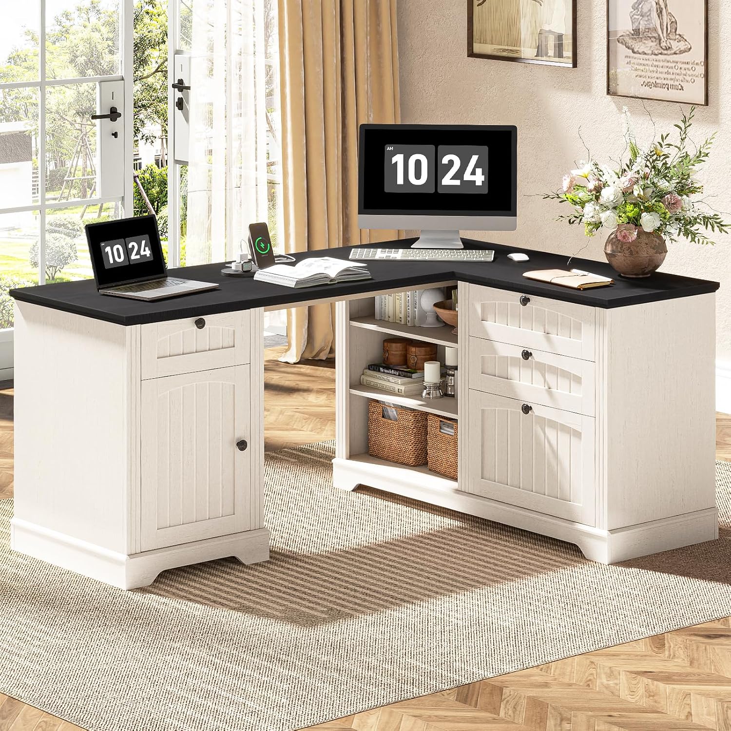 Vabches Farmhouse L Shaped Desk with Drawers, 56 Inch Executive Desk with File Cabinet, Wooden Corner Computer Desk with Power Strip for Home Office Work and Study, Rustic White and Black