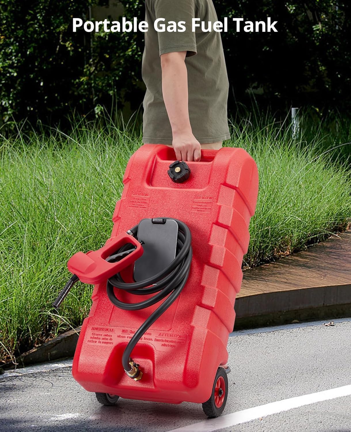 Fuel Caddy 14 Gallon, Portable Gasoline Tank Container With Manual Fuel Transfer Pump & 10ft Long Hose, Gasoline Diesel Fuel Storage Tank On-Wheels, Portable Gas Tank for Cars, Lawn Mowers, Boats, Red
