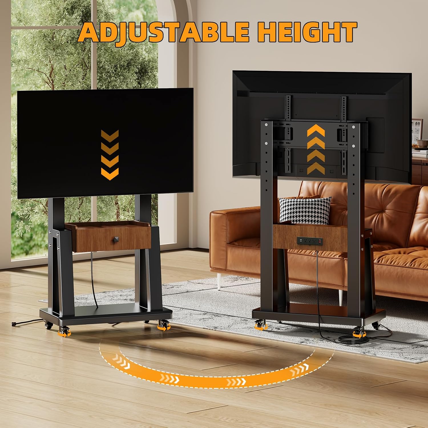 Rolling TV Cart with Power Outlet, Mobile TV Stand with Drawer and Wheels, Height Adjustable Mobile TV Cart for 23-75 inch,Screen Up to 150lbs,TV Stand for Bedroom,Indoor