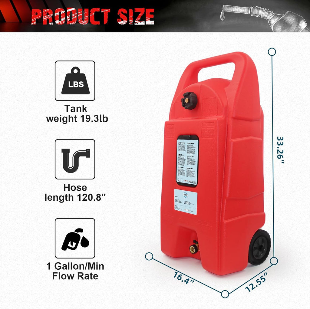 Fuel Gas Caddy, 15 Gallon，Portable Gas Tank with Manual Transfer Pump, Diesel Fuel Storage Tank with 10ft Delivery Hose&Wheels for ATVs, Cars, Lawn Mowers, Boats, Red