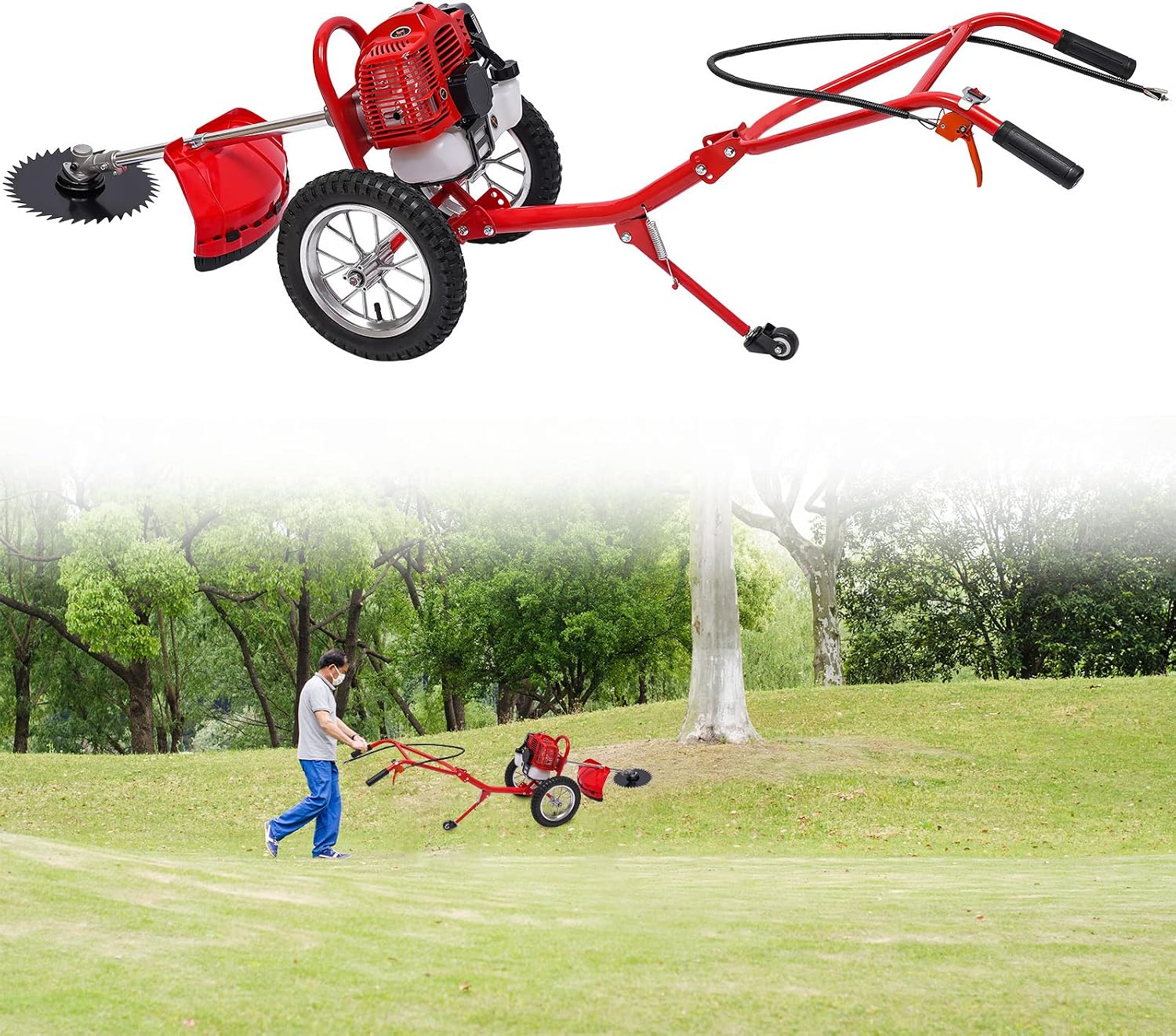 49CC Gas Powered Lawn Mower, 2-Stroke Hand Push Grass Trimmer, 2-in-1 Gas Brush Cutter Single Cylinder for Lawn, Garden, Yard