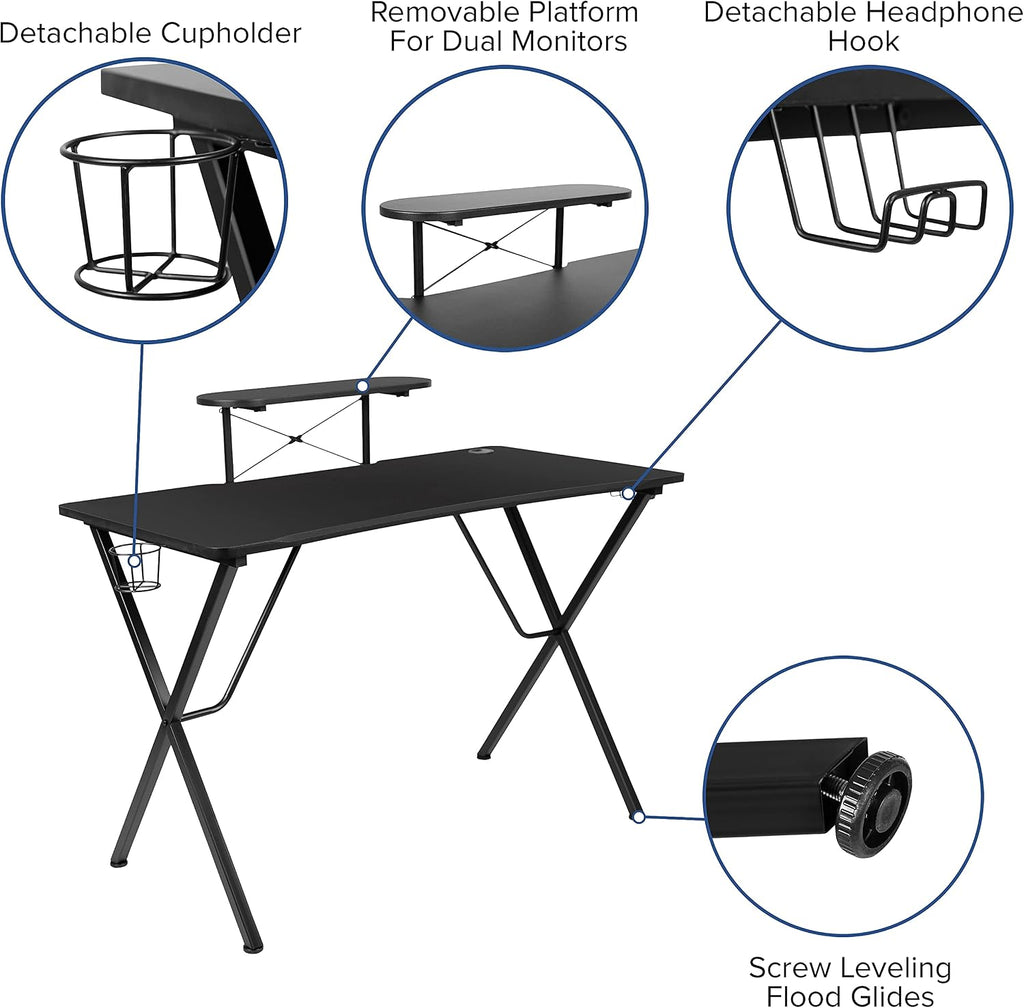 Flash Furniture Black Gaming Desk and Orange/Black Racing Chair Set with Cup Holder, Headphone Hook, and Monitor/Smartphone Stand