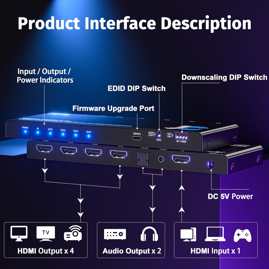 1x4 HDMI Splitter 4K@60Hz 4:4:4 HDR - with Audio Extractor (Optical/3.5mm), HDMI Switcher Splitter with EDID Management & Downscaler, HDCP 2.2 Compatible for PS5/Xbox/Apple TV (18Gbps)