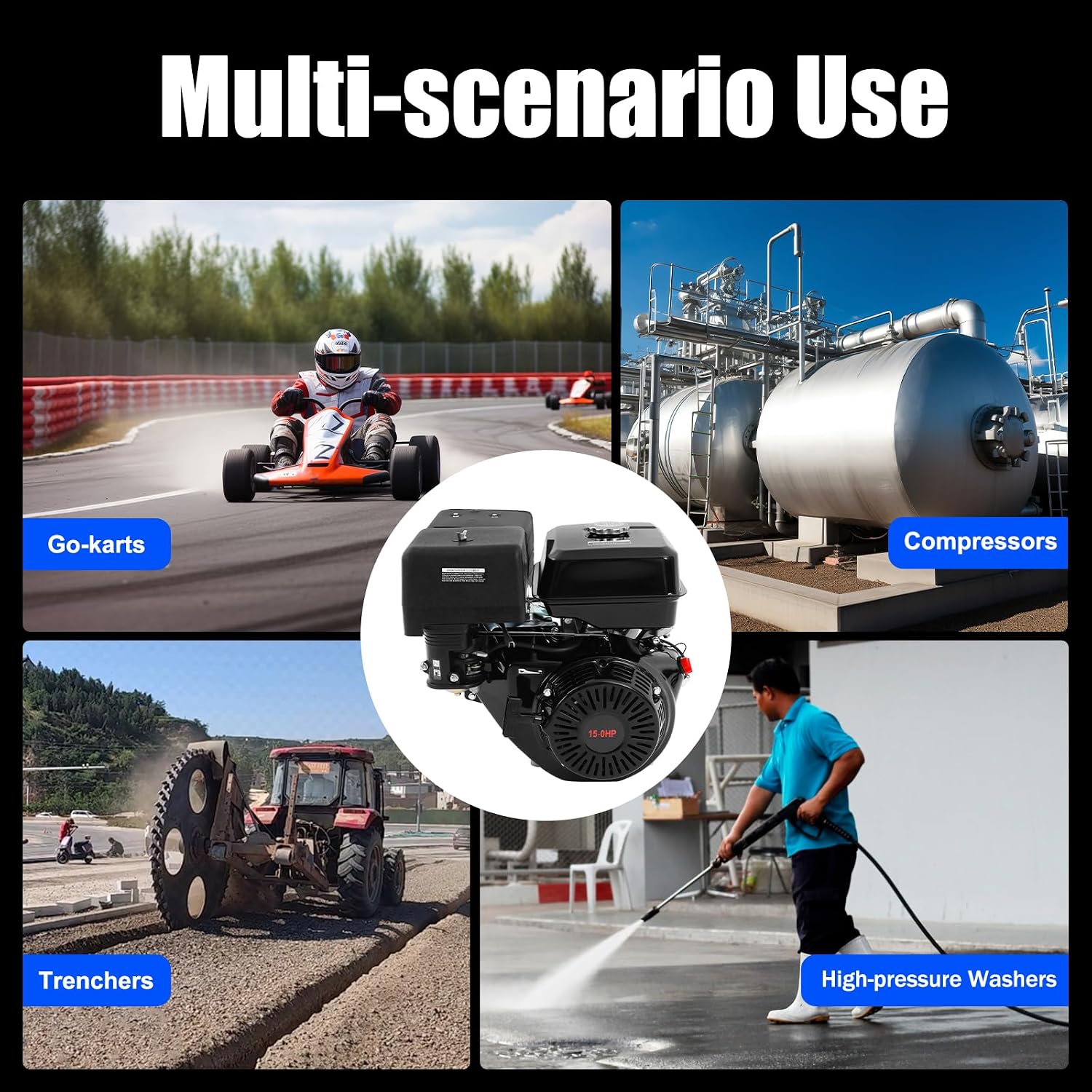 420CC Gasoline Powered Go Kart Motor, 15HP 4-Stroke Gas Engine OHV Horizontal Shaft Single Cylinder Gas Engine with Pull Handle and Silencer for Compressor Lawnmower Motor (420CC-15HP)