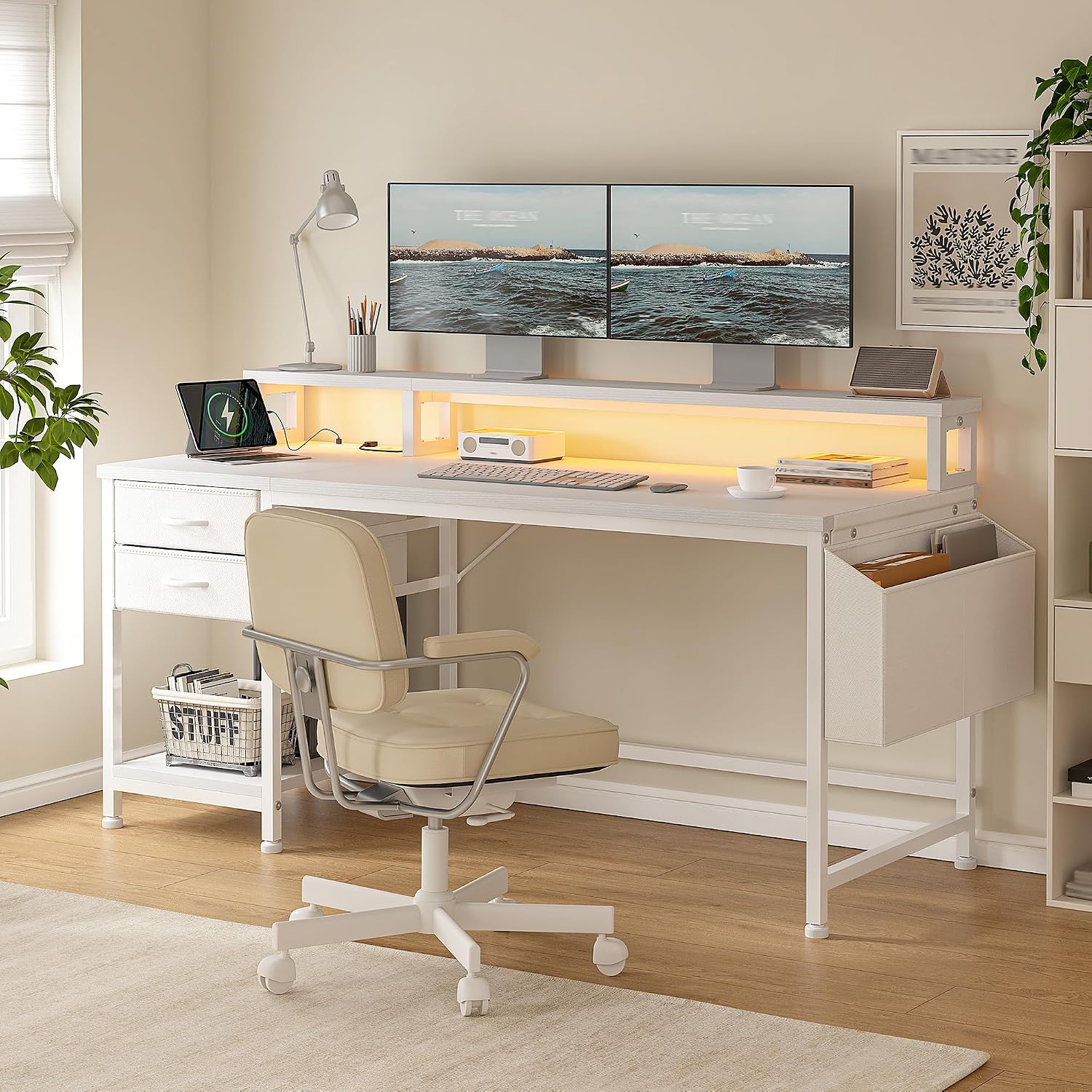 DurayLoly 48' White Desk with File Drawers & Storage Bag, Reversible Computer Desk with Monitor Stand,Home Office Desk with LED Strip & Power Outlets for Bedroom, Small Space, Study, Handwork