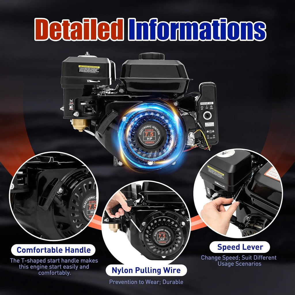 7.5HP 4 Stroke Gas Engine 210CC Electric Start Horizontal Engine OHV Gasoline Engine Upgrade Version for Go Kart Pressure Washers Log Splitters