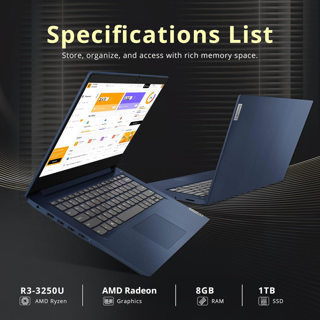 Lenovo IdeaPad 3 14' Full HD Laptop, AMD Ryzen 3 3250U, 8GB DDR4 RAM, 1TB HDD, AMD Radeon Graphics, Webcam, HDMI, Wi-Fi, Windows 11, Abyss Blue (Renewed)