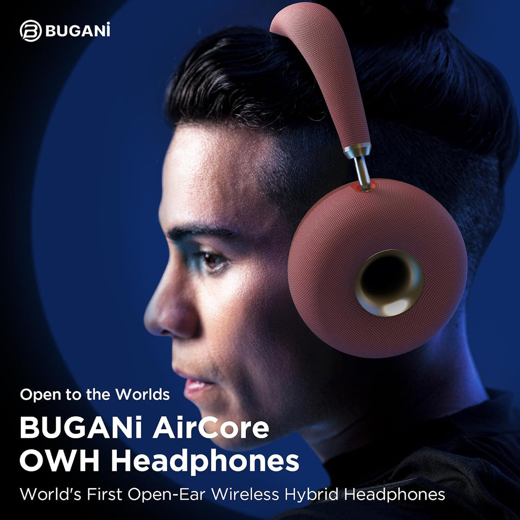 BUGANI AirCore Open-Ear Wireless Headphones: Bluetooth 5.3 Over-Ear Headset with Removable Noise-Canceling Ear Caps, Dual-Driver HiFi Sound, 27H Battery Life Comfortable Fit, Type-C Fast Charging
