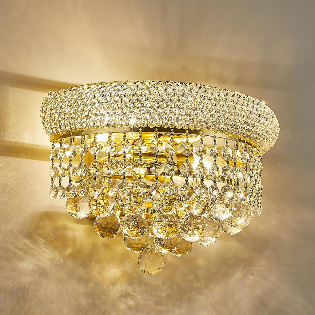 2-Lights Empire Crystal Wall Sconce Light for Living Room Dining Room Bathroom Vanity Mirrors Hallway Bedroom Closet Stairway (Gold)
